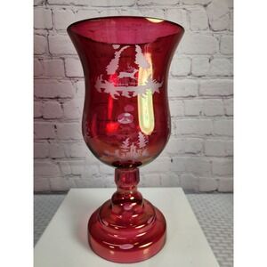 Antique Egermann Candle Holder Vase  Bohemian Ruby Red Cut to Clear Deer Chalet